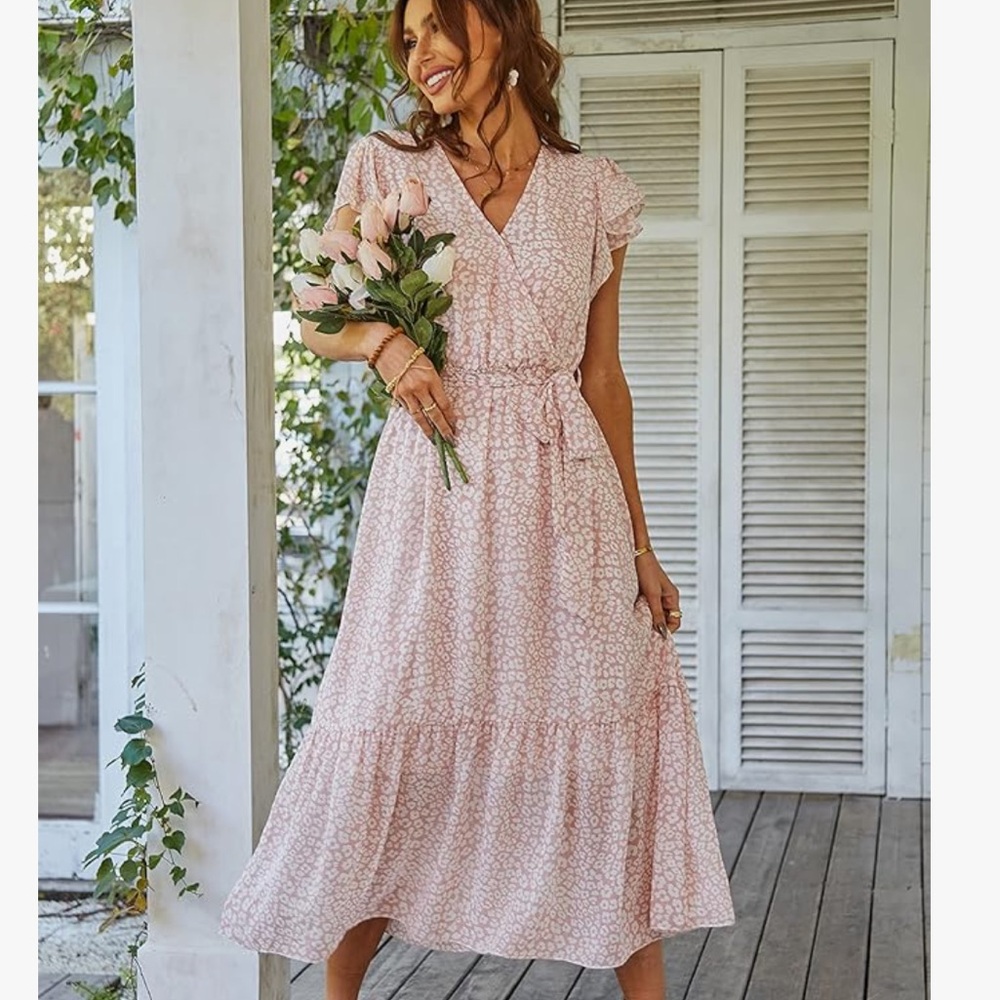 Pink and white V neck maxi dress